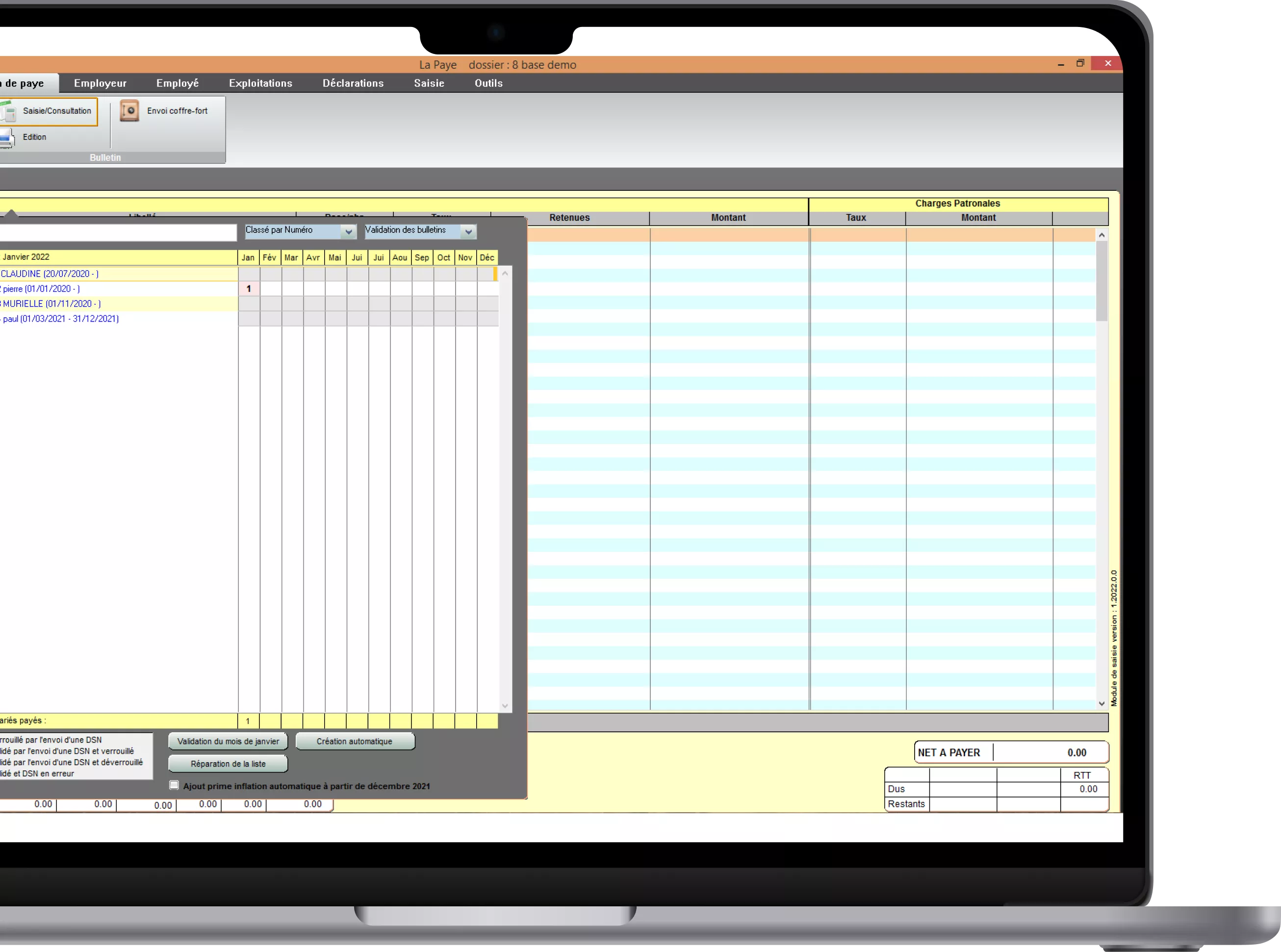 écran d'ordinateur avec tableau du logiciel